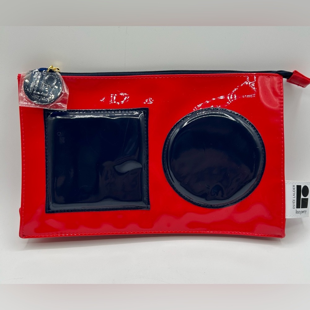 Estee Lauder Lisa Perry Cosmetic Makeup Bag Red Blue Pleather 10.5" New